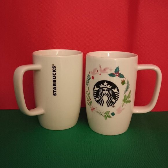 Set of 2 Starbucks White Holiday Wreath Mermaid Logo 8oz Mugs Doves Mistletoe - Picture 6 of 6